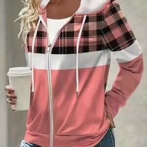 Medium Plaid Print Zip Up Drawstring Hoodie, Vintage Long Sleeve Unlined Shirt